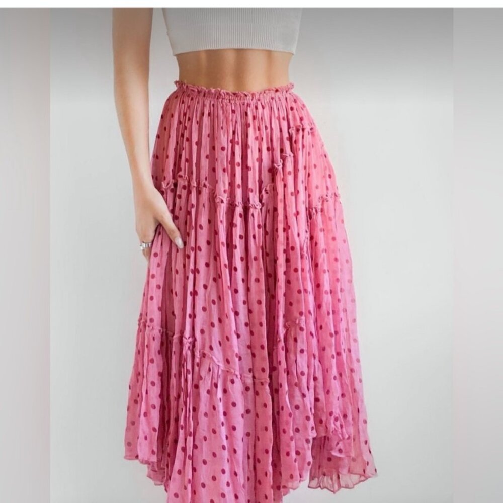 Free People Pink Polka Dot Tiered Midi Skirt